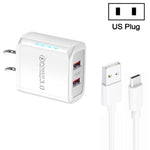 36W デュアルポート QC3.0 USBチャージャー 3A USB to Type-Cデータケーブル付き、USプラグ、USプラグ + USB to Type-Cケーブル