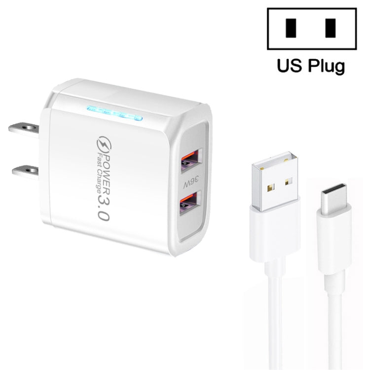36W デュアルポート QC3.0 USBチャージャー 3A USB to Type-Cデータケーブル付き、USプラグ、USプラグ + USB to Type-Cケーブル