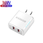 36W デュアルポート QC3.0 USBチャージャー 3A USB to Type-Cデータケーブル付き、USプラグ、USプラグ + USB to Type-Cケーブル
