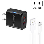 36W デュアルポート QC3.0 USBチャージャー 3A USB to Type-Cデータケーブル付き、USプラグ、USプラグ + USB to Type-Cケーブル