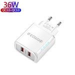 36W デュアルポート QC3.0 USBチャージャー 3A USB to Type-Cデータケーブル付き、EUプラグ、EUプラグ + USB to Type-Cケーブル