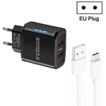 36W デュアルポート QC3.0 USBチャージャー 3A USB to Type-Cデータケーブル付き、EUプラグ、EUプラグ + USB to Type-Cケーブル
