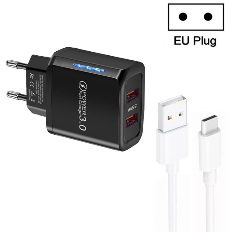 36W デュアルポート QC3.0 USBチャージャー 3A USB to Type-Cデータケーブル付き、EUプラグ、EUプラグ + USB to Type-Cケーブル