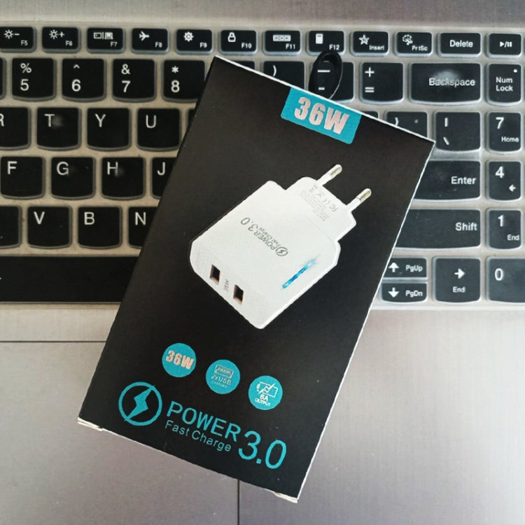 36W デュアルポート QC3.0 USBチャージャー 3A USB to Type-Cデータケーブル付き、EUプラグ、EUプラグ + USB to Type-Cケーブル