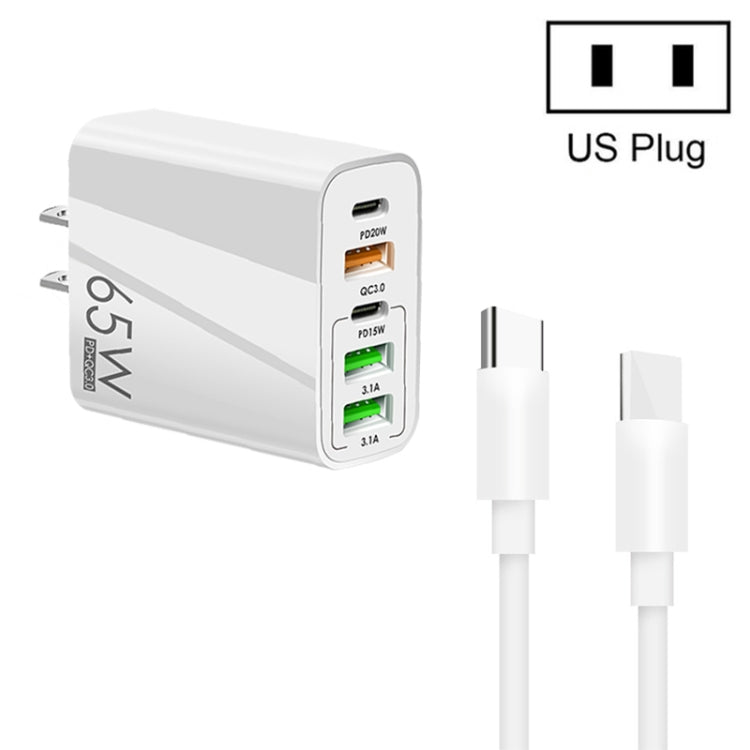 65W デュアル PD Type-C + 3ポート USB マルチポート充電器 3A Type-C to Type-C データケーブル付き、USプラグ、USプラグ + Type-C to Type-C ケーブル