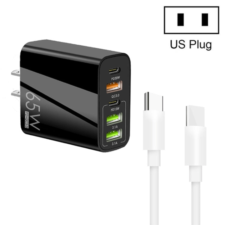 65W デュアル PD Type-C + 3ポート USB マルチポート充電器 3A Type-C to Type-C データケーブル付き、USプラグ、USプラグ + Type-C to Type-C ケーブル