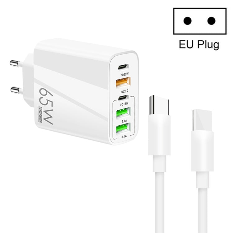 65W デュアルPD Type-C + 3 x USBマルチポートチャージャー 3A Type-C to Type-Cデータケーブル付き、USプラグ、EUプラグ + Type-C to Type-Cケーブル