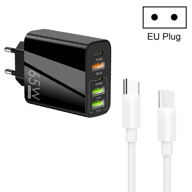 65W デュアルPD Type-C + 3 x USBマルチポートチャージャー 3A Type-C to Type-Cデータケーブル付き、USプラグ、EUプラグ + Type-C to Type-Cケーブル