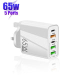 65W デュアル PD Type-C + 3ポート USB マルチポート充電器 3A Type-C to Type-C データケーブル付き、UKプラグ、UKプラグ + Type-C to Type-C ケーブル