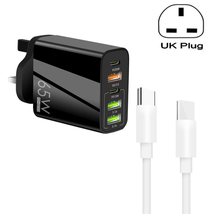 65W デュアル PD Type-C + 3ポート USB マルチポート充電器 3A Type-C to Type-C データケーブル付き、UKプラグ、UKプラグ + Type-C to Type-C ケーブル