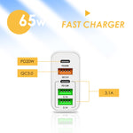 65W デュアルPD Type-C + 3ポート USB マルチポート充電器 3A Type-C to 8ピンデータケーブル付き、USプラグ、USプラグ + Type-C to 8ピンケーブル