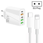 65W デュアルPD Type-C + 3ポート USB マルチポート充電器 3A Type-C to 8ピンデータケーブル付き、EUプラグ、EUプラグ + Type-C to 8ピンケーブル