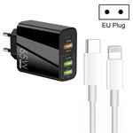 65W デュアルPD Type-C + 3ポート USB マルチポート充電器 3A Type-C to 8ピンデータケーブル付き、EUプラグ、EUプラグ + Type-C to 8ピンケーブル