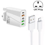 65W デュアルPD Type-C + 3ポート USB マルチポート充電器 3A USB to 8ピンデータケーブル付き、UKプラグ、UKプラグ + USB to 8ピンケーブル