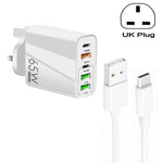 65W デュアル PD Type-C + 3ポート USB マルチポート充電器 3A USB to Type-C データケーブル付き、UKプラグ、UKプラグ + USB to Type-C ケーブル