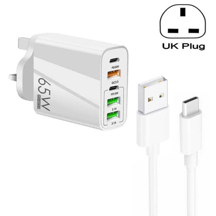 65W デュアル PD Type-C + 3ポート USB マルチポート充電器 3A USB to Type-C データケーブル付き、UKプラグ、UKプラグ + USB to Type-C ケーブル