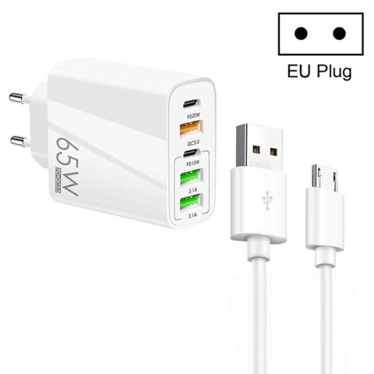 65W デュアル PD Type-C + 3ポート USB マルチポート充電器 3A USB to Micro USB データケーブル付き、EUプラグ、EUプラグ + USB to Micro USB ケーブル
