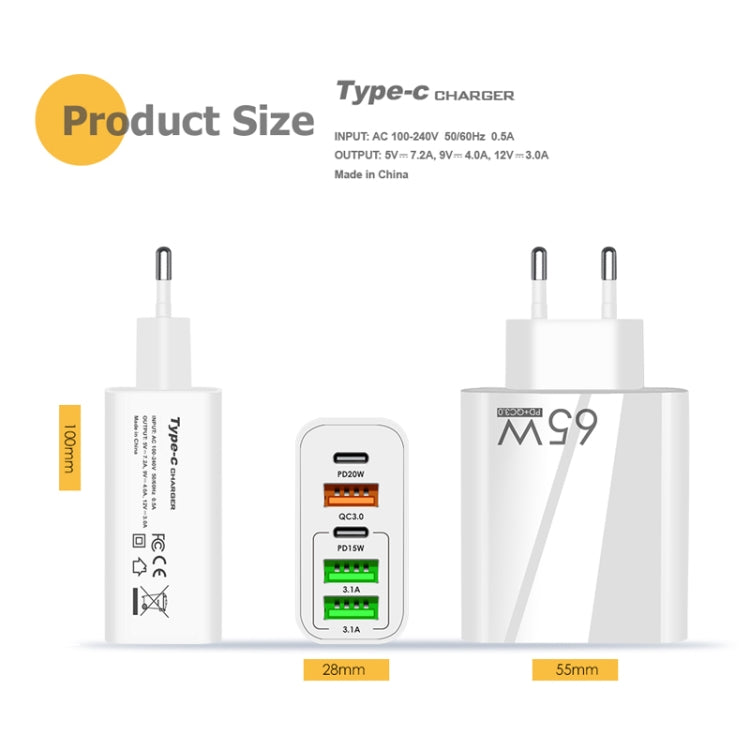 65W デュアル PD Type-C + 3ポート USB マルチポート充電器 3A USB to Micro USB データケーブル付き、EUプラグ、EUプラグ + USB to Micro USB ケーブル