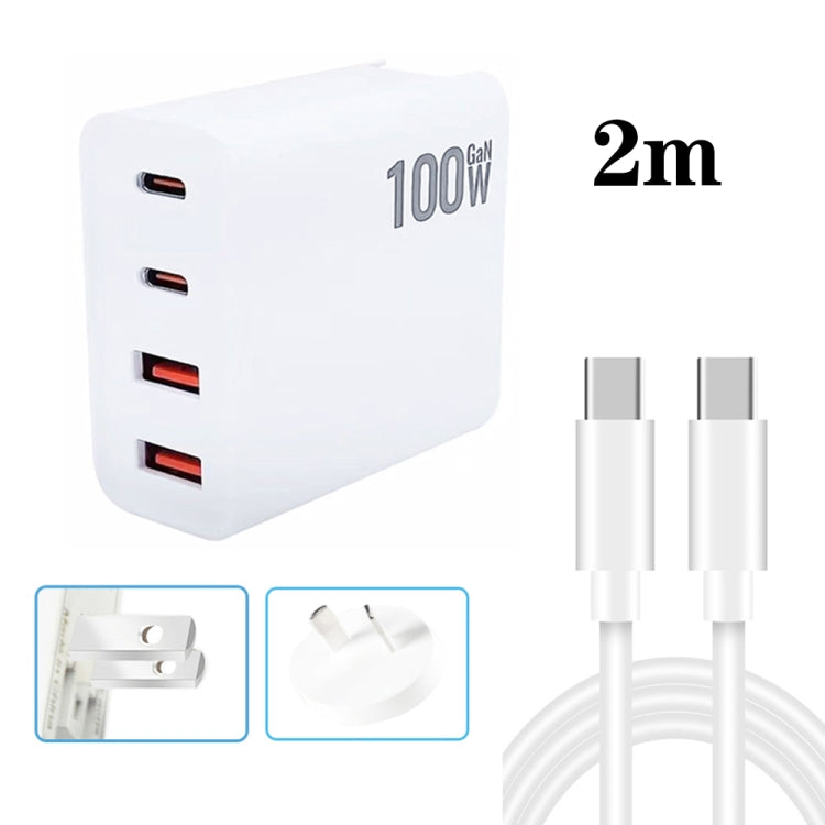 GaN 100W デュアル USB + デュアル USB-C/Type-C マルチポート充電器 2m Type-C to Type-C データケーブルセット付き、USプラグ、US / EUプラグ、US / UKプラグ、US / AUプラグ、US / EU / UKプラグ、US / EU / UK / AUプラグ