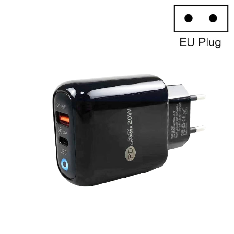 PD04 PD20W + QC18W モバイルフォン充電器 LEDインジケーター付き、EUプラグ、EUプラグ