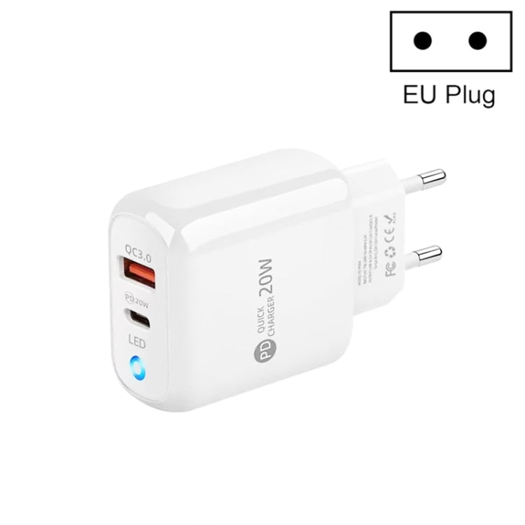PD04 PD20W + QC18W モバイルフォン充電器 LEDインジケーター付き、EUプラグ、EUプラグ