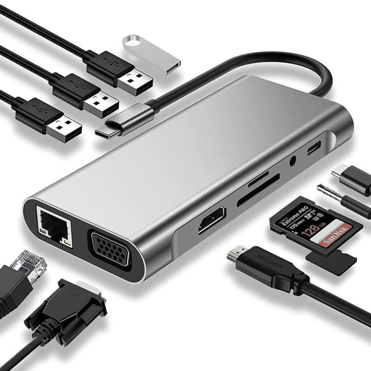 USB Cハブ、USB Cアダプター 11-in-1ドングル 4K HDMI、VGA、Type C PD、USB3.0、RJ45イーサネット、SD/TFカードリーダー、3.5mm AUX、MacBook Pro/Airおよびその他のType Cノートパソコン対応ドッキングステーション