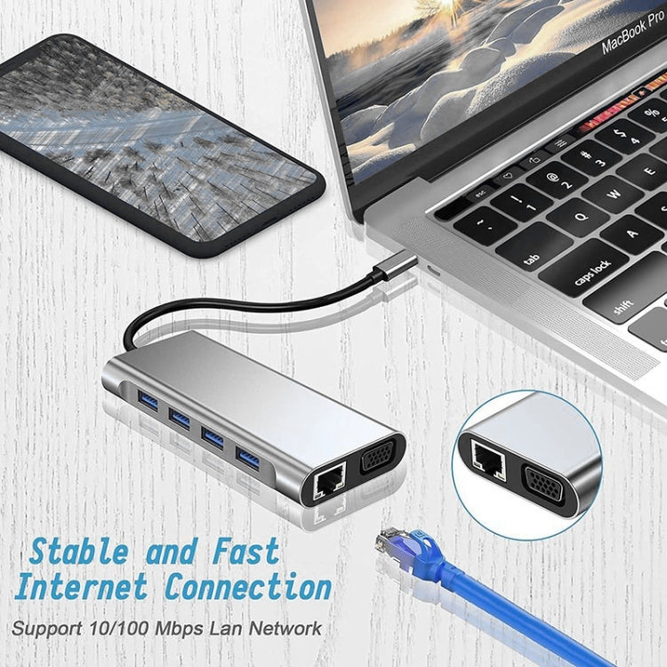 USB Cハブ、USB Cアダプター 11-in-1ドングル 4K HDMI、VGA、Type C PD、USB3.0、RJ45イーサネット、SD/TFカードリーダー、3.5mm AUX、MacBook Pro/Airおよびその他のType Cノートパソコン対応ドッキングステーション