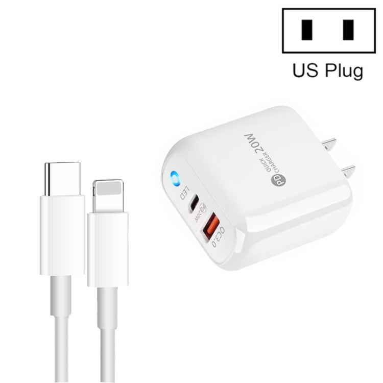 PD04 Type-C + USB モバイルフォン充電器 Type-C to 8ピンケーブル付き、USプラグ、USプラグ + Type-C to 8ピンケーブル