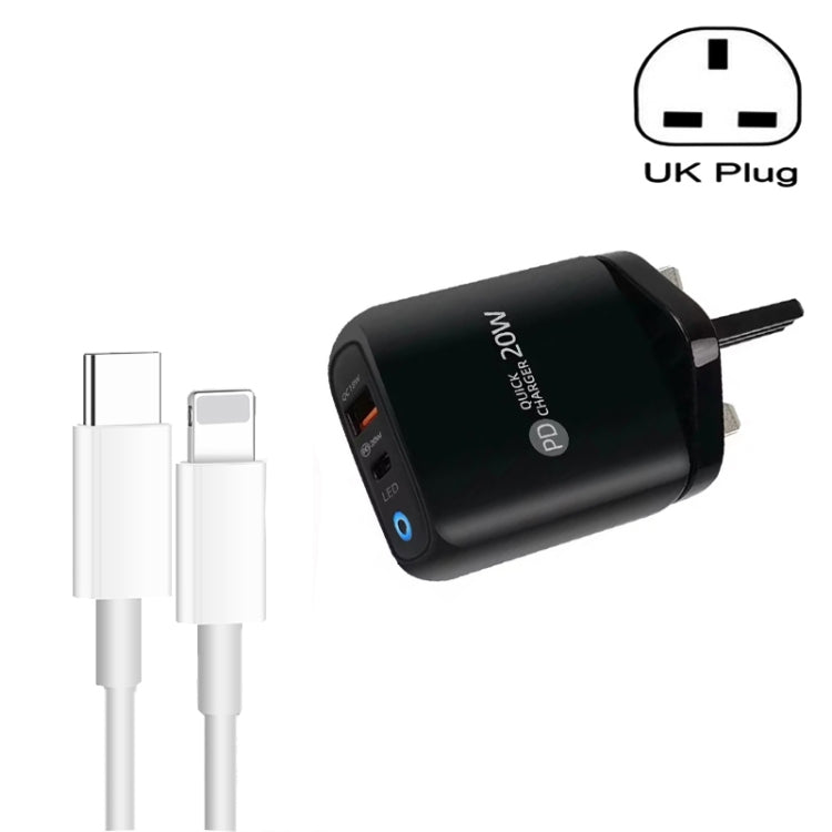 PD04 Type-C + USB モバイルフォン充電器 Type-C to 8ピンケーブル付き、UKプラグ、UKプラグ + Type-C to 8ピンケーブル