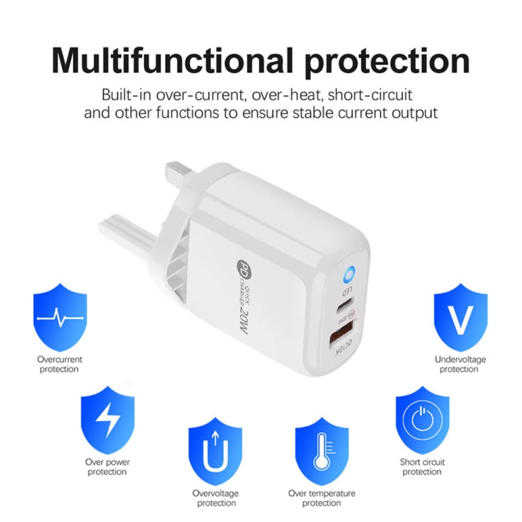 PD04 Type-C + USB モバイルフォン充電器 Type-C to 8ピンケーブル付き、UKプラグ、UKプラグ + Type-C to 8ピンケーブル
