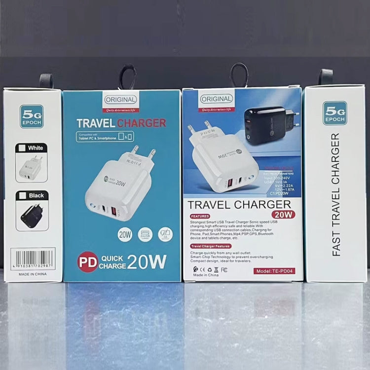 PD04 Type-C + USB 携帯電話充電器 Type-C to Type-C ケーブル付き、EUプラグ、EUプラグ + Type-C to Type-C ケーブル