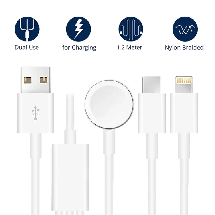 Apple Watchシリーズ＆iPhone＆Type-Cポート搭載スマホ用 3in1 USBマグネット充電ケーブル 4ft/1.2m DS-XB017