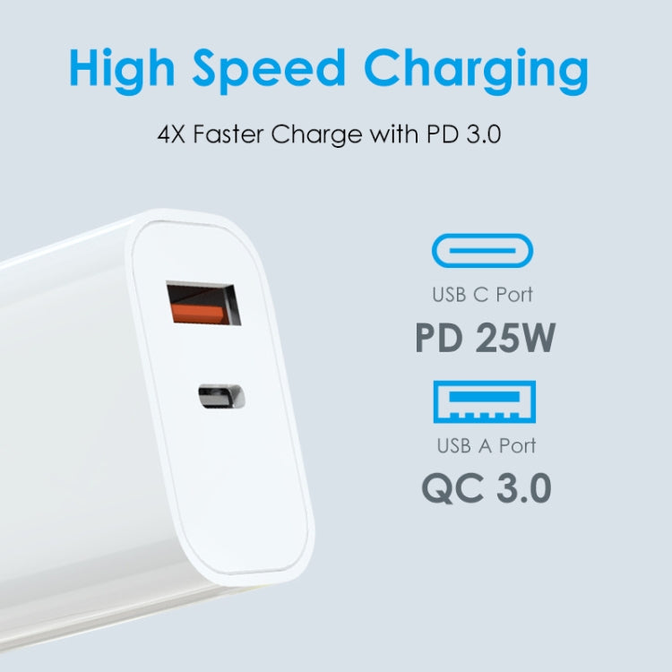 NORTHJO NOPD2502 PD 25W USB-C/Type-C + QC 3.0 USB デュアルポート急速充電器、USプラグ、EUプラグ、UKプラグ、AUプラグ