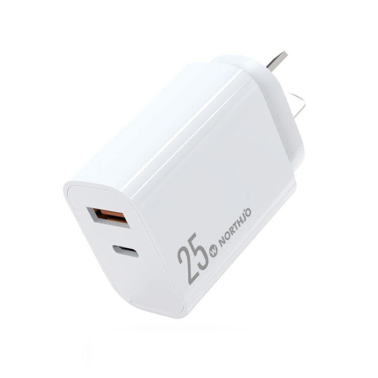 NORTHJO NOPD2502 PD 25W USB-C/Type-C + QC 3.0 USB デュアルポート急速充電器、USプラグ、EUプラグ、UKプラグ、AUプラグ
