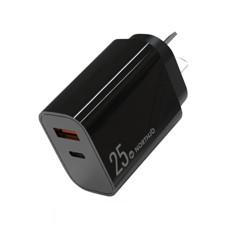 NORTHJO NOPD2502 PD 25W USB-C/Type-C + QC 3.0 USB デュアルポート急速充電器、USプラグ、EUプラグ、UKプラグ、AUプラグ