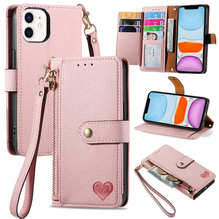 ラブジッパー ストラップ付きレザー電話ケース、iPhone 11用、iPhone 11 Pro用、iPhone X / XS用、iPhone XR用、iPhone XS Max用、iPhone 7 Plus / 8 Plus用、iPhone 6 Plus / 6s Plus用、iPhone 6 / 6s用