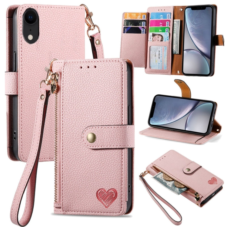 ラブジッパー ストラップ付きレザー電話ケース、iPhone 11用、iPhone 11 Pro用、iPhone X / XS用、iPhone XR用、iPhone XS Max用、iPhone 7 Plus / 8 Plus用、iPhone 6 Plus / 6s Plus用、iPhone 6 / 6s用