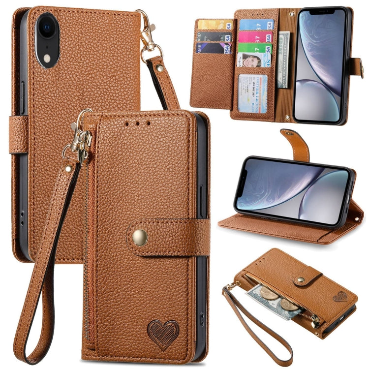 ラブジッパー ストラップ付きレザー電話ケース、iPhone 11用、iPhone 11 Pro用、iPhone X / XS用、iPhone XR用、iPhone XS Max用、iPhone 7 Plus / 8 Plus用、iPhone 6 Plus / 6s Plus用、iPhone 6 / 6s用