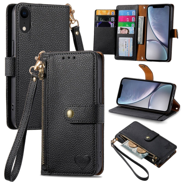 ラブジッパー ストラップ付きレザー電話ケース、iPhone 11用、iPhone 11 Pro用、iPhone X / XS用、iPhone XR用、iPhone XS Max用、iPhone 7 Plus / 8 Plus用、iPhone 6 Plus / 6s Plus用、iPhone 6 / 6s用