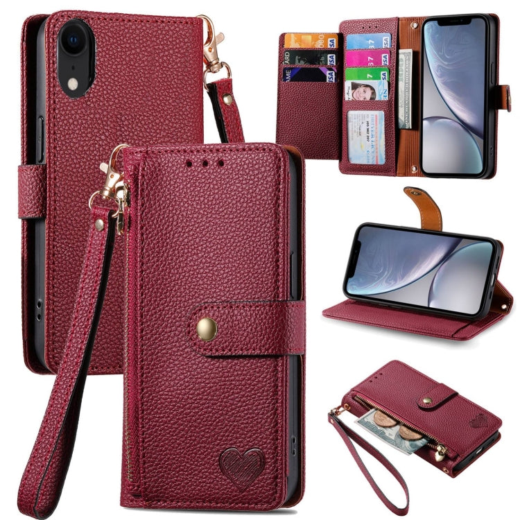ラブジッパー ストラップ付きレザー電話ケース、iPhone 11用、iPhone 11 Pro用、iPhone X / XS用、iPhone XR用、iPhone XS Max用、iPhone 7 Plus / 8 Plus用、iPhone 6 Plus / 6s Plus用、iPhone 6 / 6s用