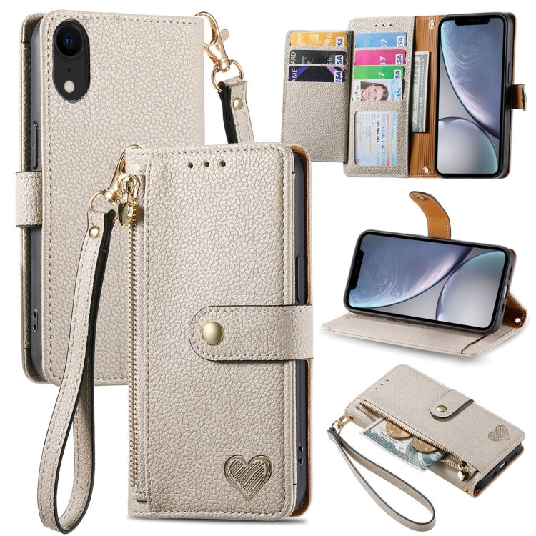 ラブジッパー ストラップ付きレザー電話ケース、iPhone 11用、iPhone 11 Pro用、iPhone X / XS用、iPhone XR用、iPhone XS Max用、iPhone 7 Plus / 8 Plus用、iPhone 6 Plus / 6s Plus用、iPhone 6 / 6s用