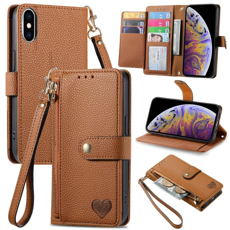ラブジッパー ストラップ付きレザー電話ケース、iPhone 11用、iPhone 11 Pro用、iPhone X / XS用、iPhone XR用、iPhone XS Max用、iPhone 7 Plus / 8 Plus用、iPhone 6 Plus / 6s Plus用、iPhone 6 / 6s用