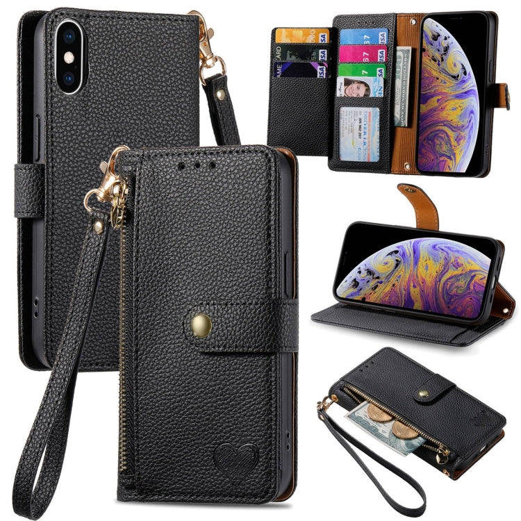 ラブジッパー ストラップ付きレザー電話ケース、iPhone 11用、iPhone 11 Pro用、iPhone X / XS用、iPhone XR用、iPhone XS Max用、iPhone 7 Plus / 8 Plus用、iPhone 6 Plus / 6s Plus用、iPhone 6 / 6s用