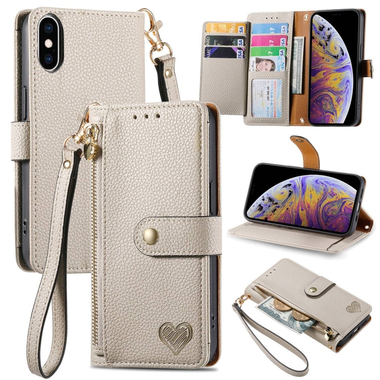 ラブジッパー ストラップ付きレザー電話ケース、iPhone 11用、iPhone 11 Pro用、iPhone X / XS用、iPhone XR用、iPhone XS Max用、iPhone 7 Plus / 8 Plus用、iPhone 6 Plus / 6s Plus用、iPhone 6 / 6s用