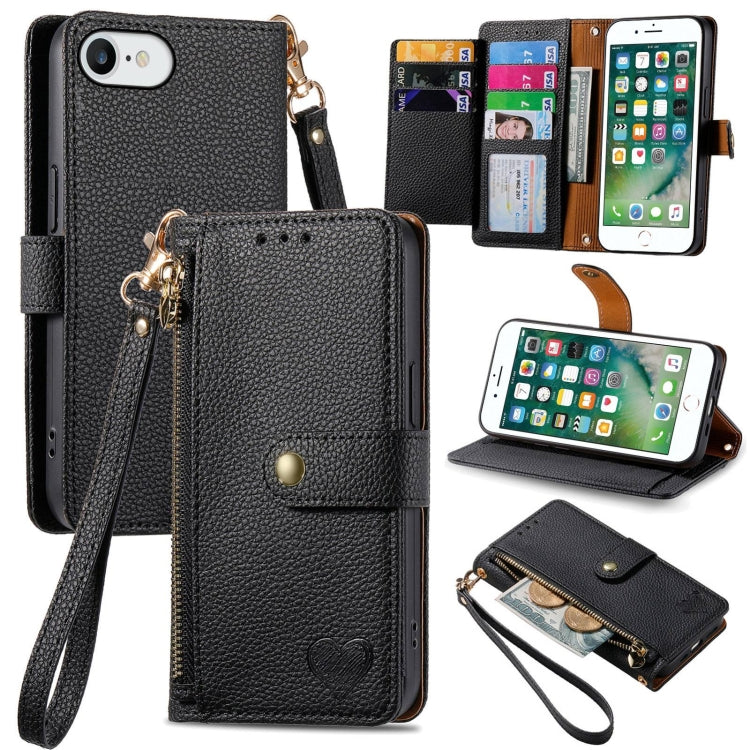 ラブジッパー ストラップ付きレザー電話ケース、iPhone 11用、iPhone 11 Pro用、iPhone X / XS用、iPhone XR用、iPhone XS Max用、iPhone 7 Plus / 8 Plus用、iPhone 6 Plus / 6s Plus用、iPhone 6 / 6s用