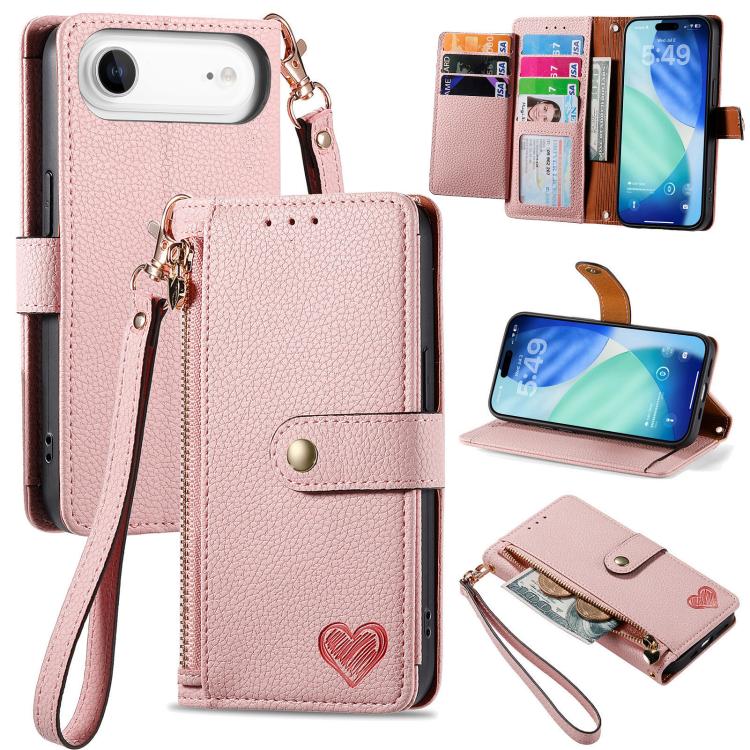ラブジッパー ランヤード レザー電話ケース、iPhone 17e / 16e用、iPhone 17 Pro Max用、iPhone 17 Pro用、iPhone 17用、iPhone Air用、iPhone 16 Pro Max用、iPhone 16 Pro用、iPhone 16 Plus用
