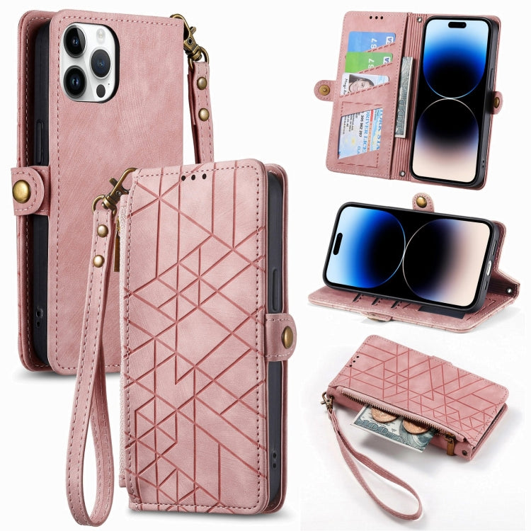 幾何学ジッパー財布サイドバックルレザースマホケース、iPhone 14 Pro Max用、iPhone 7 / 8 / SE 2022用、iPhone 13 Pro Max用、iPhone 13 Pro用、iPhone 13用、iPhone 12 / 12 Pro用、iPhone 12 Pro Max用、iPhone 11 Pro Max用