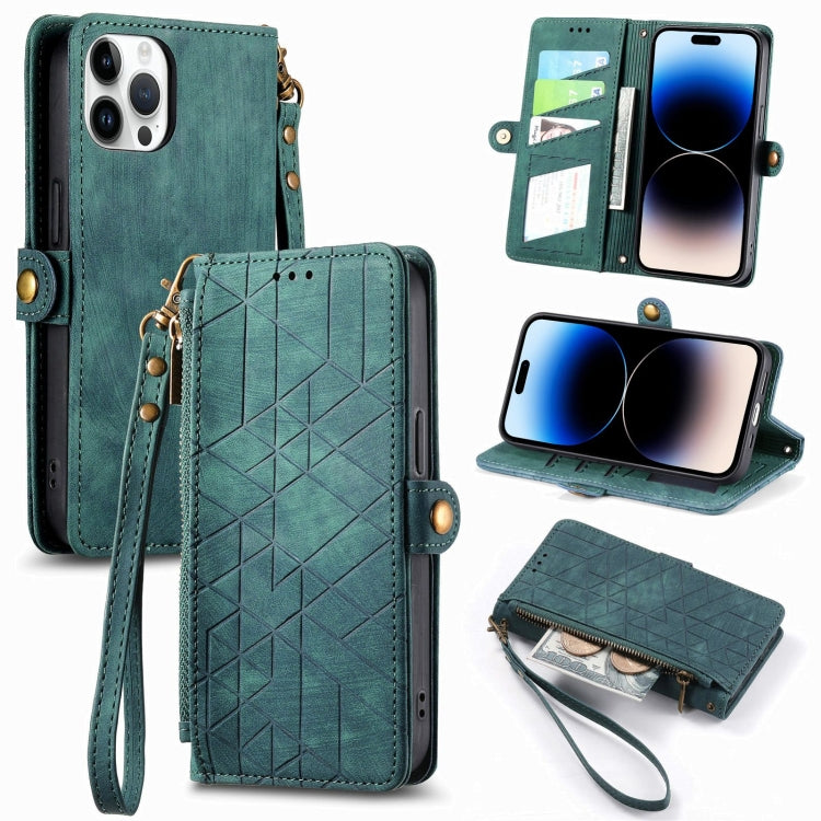 幾何学ジッパー財布サイドバックルレザースマホケース、iPhone 14 Pro Max用、iPhone 7 / 8 / SE 2022用、iPhone 13 Pro Max用、iPhone 13 Pro用、iPhone 13用、iPhone 12 / 12 Pro用、iPhone 12 Pro Max用、iPhone 11 Pro Max用