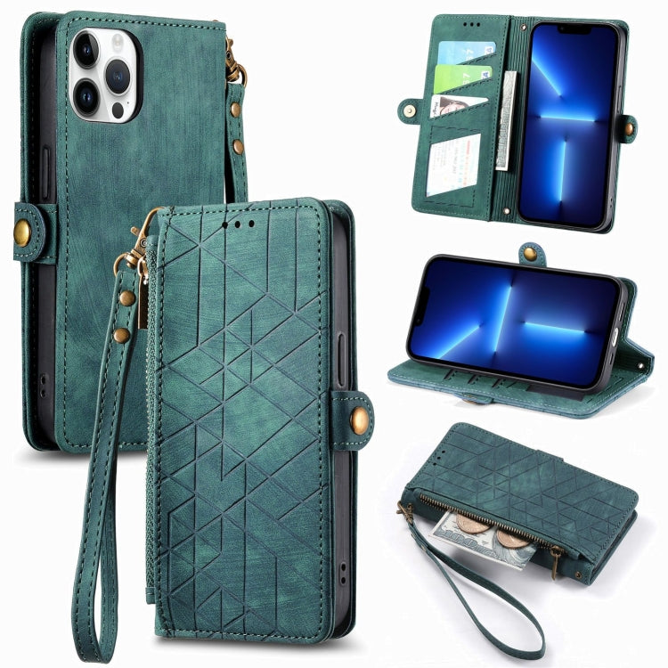 幾何学ジッパー財布サイドバックルレザースマホケース、iPhone 14 Pro Max用、iPhone 7 / 8 / SE 2022用、iPhone 13 Pro Max用、iPhone 13 Pro用、iPhone 13用、iPhone 12 / 12 Pro用、iPhone 12 Pro Max用、iPhone 11 Pro Max用