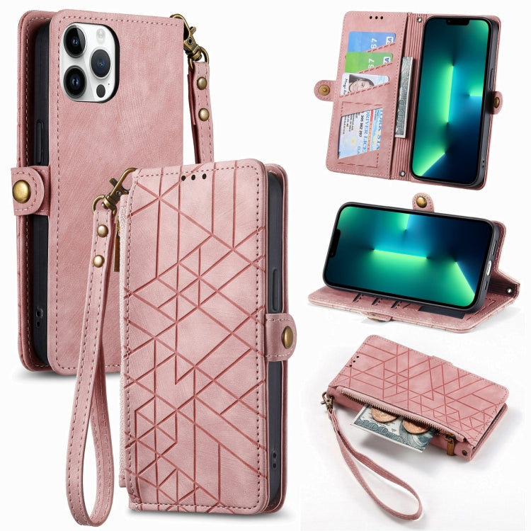 幾何学ジッパー財布サイドバックルレザースマホケース、iPhone 14 Pro Max用、iPhone 7 / 8 / SE 2022用、iPhone 13 Pro Max用、iPhone 13 Pro用、iPhone 13用、iPhone 12 / 12 Pro用、iPhone 12 Pro Max用、iPhone 11 Pro Max用